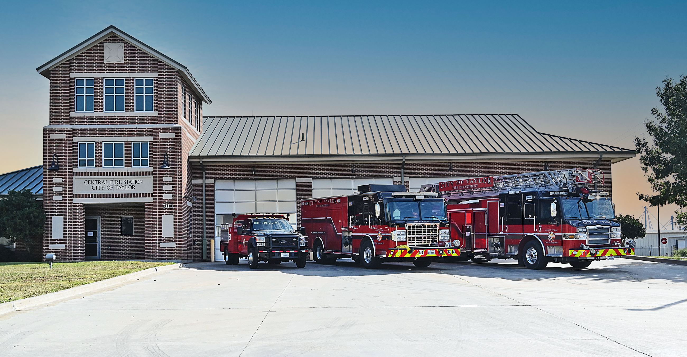 Taylor Fire Department Station 1 with fire trucks lined up