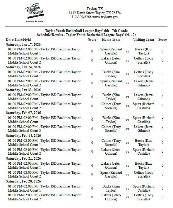 6th - 7th Grade Game Schedule